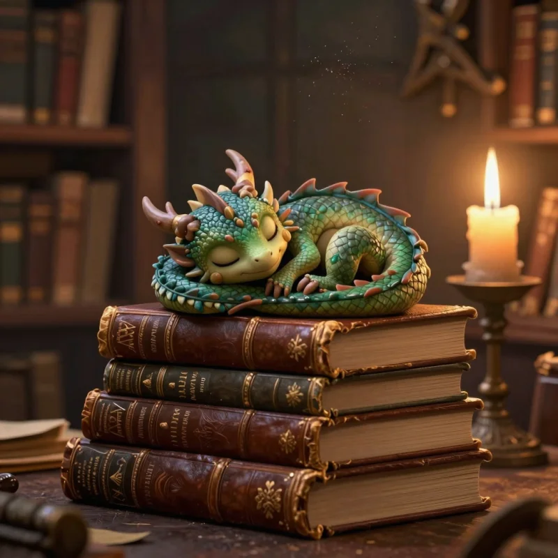 AI-generated dragon in library